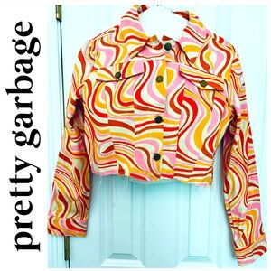 Pretty Garbage Jean Jacket sz L, Vibrant Swirl, raw hem, cropped, NWOT, cotton